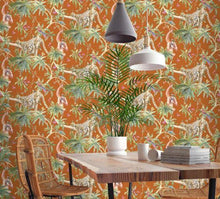 Load image into Gallery viewer, A beautiful, flamboyant wallpaper design featuring a variety of jungle animals, hidden amongst trailing jungle plants. Animals include orangutans, parrots, and a sleeping leopard.