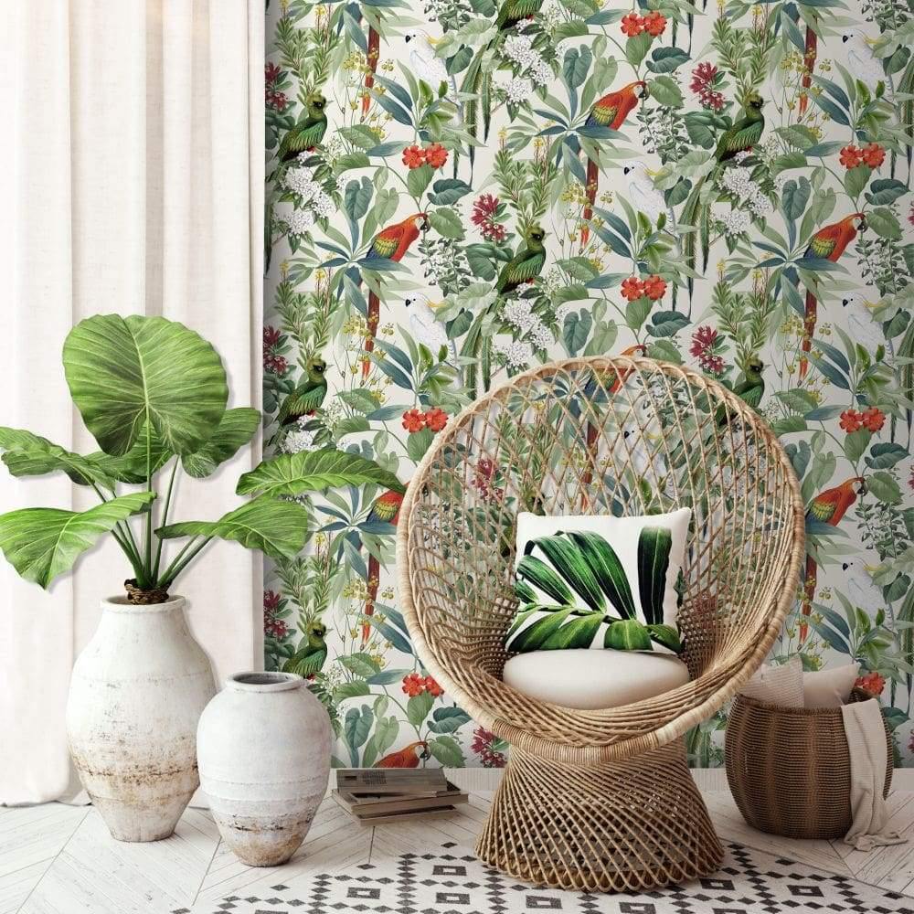 Wallpaper with an exquisitely hand-drawn design of exotic birds in their natural jungle habitat. 