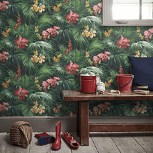 Load image into Gallery viewer, A striking paradise-themed floral wall covering. Shown here in an array of colors against a black background. 
